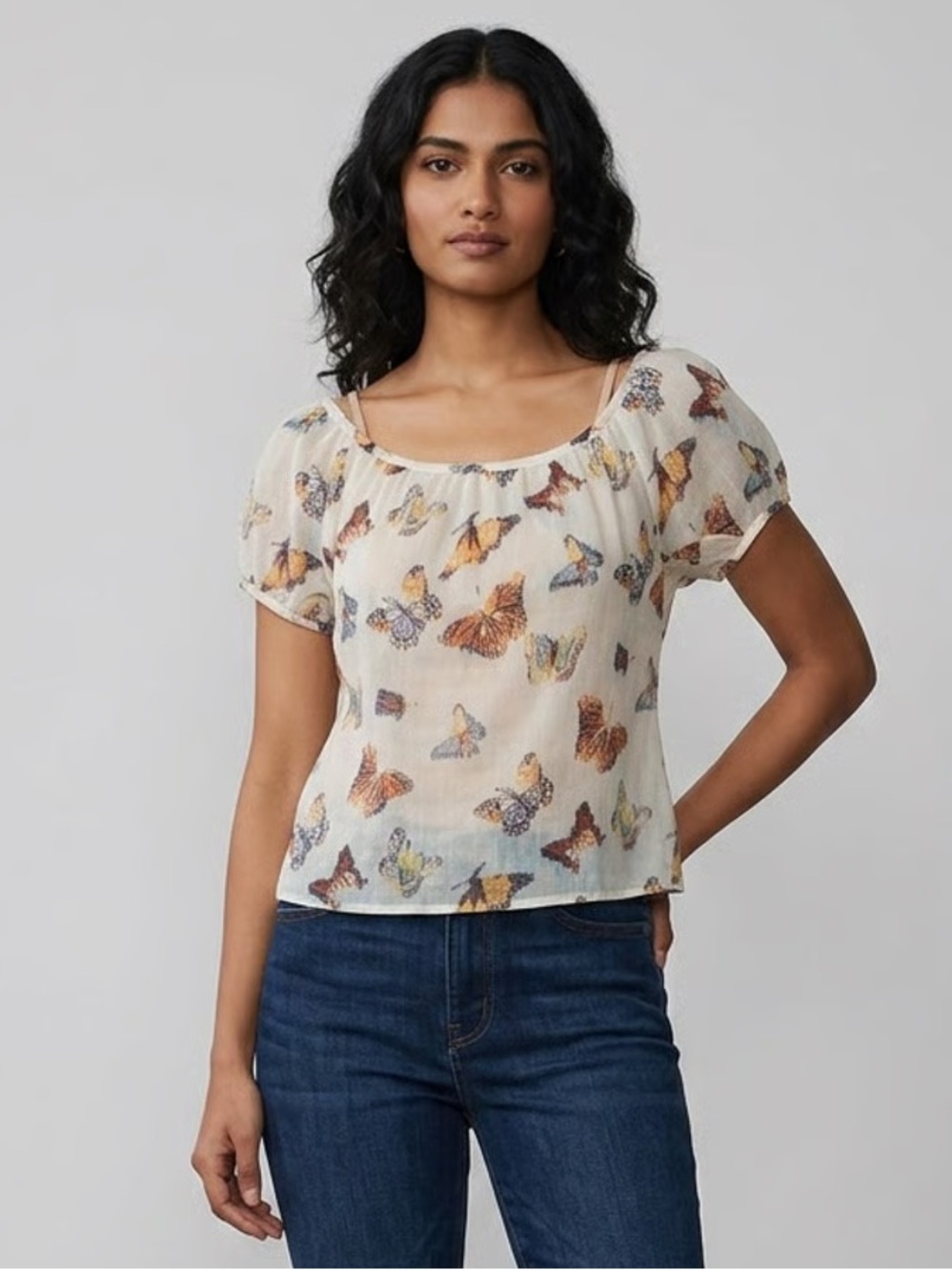 MUDD | Sheer White Butterfly Print Blouse Sz S